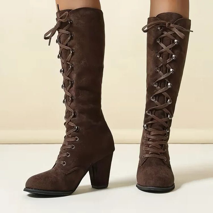 Women's Chunky Block Heel Lace-Up Suede Knee-High Boots