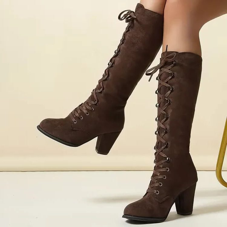 Women's Chunky Block Heel Lace-Up Suede Knee-High Boots