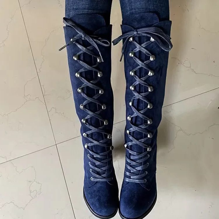Women's Chunky Block Heel Lace-Up Suede Knee-High Boots