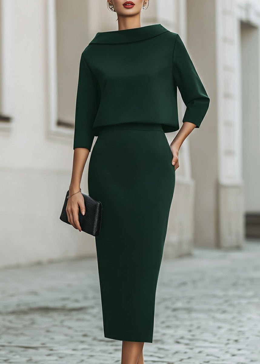 Women's Matte Crepe Boat Neckline Midi Skirt Outfit Set