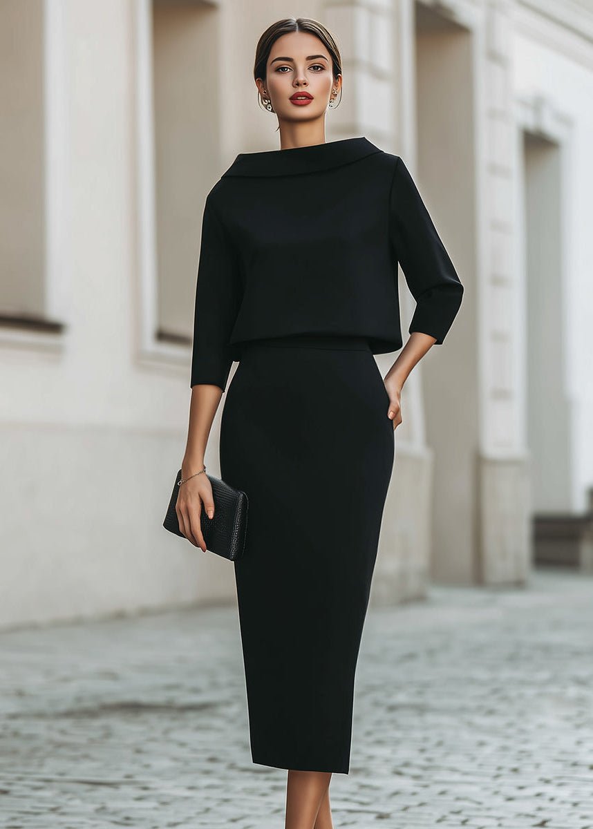 Women's Matte Crepe Boat Neckline Midi Skirt Outfit Set