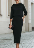 Women's Matte Crepe Boat Neckline Midi Skirt Outfit Set