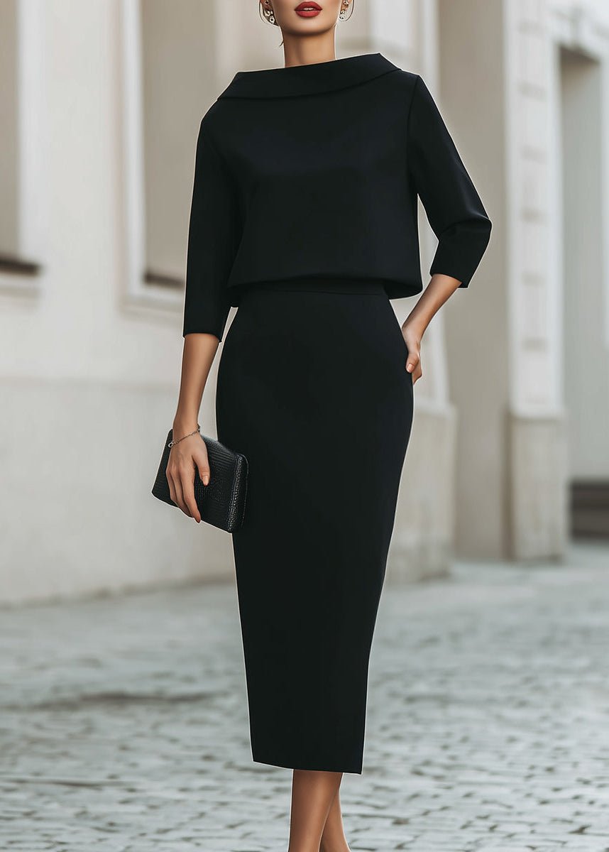 Women's Matte Crepe Boat Neckline Midi Skirt Outfit Set