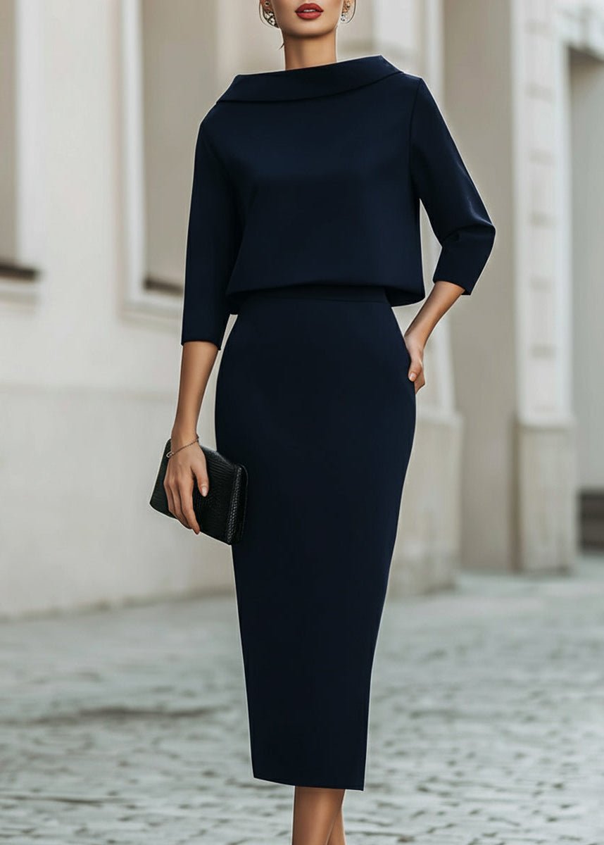 Women's Matte Crepe Boat Neckline Midi Skirt Outfit Set