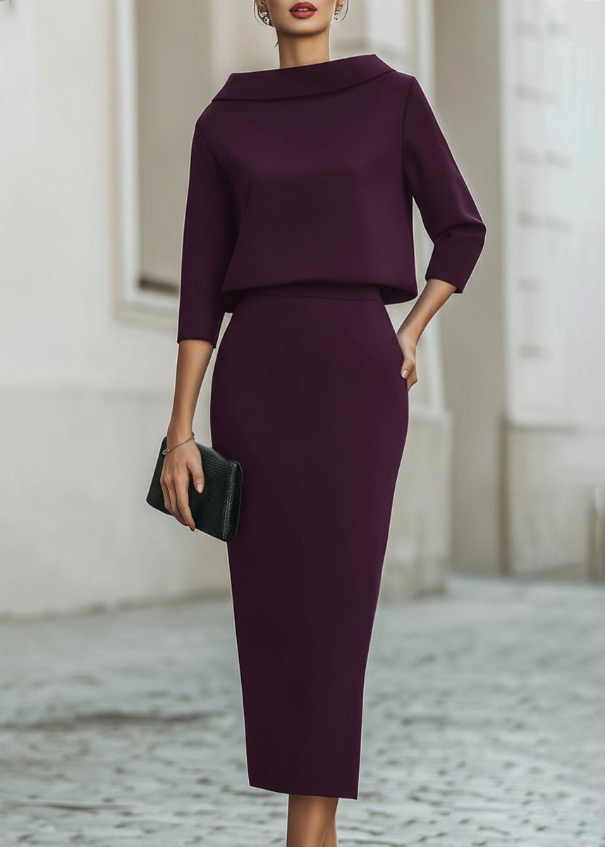 Women's Matte Crepe Boat Neckline Midi Skirt Outfit Set