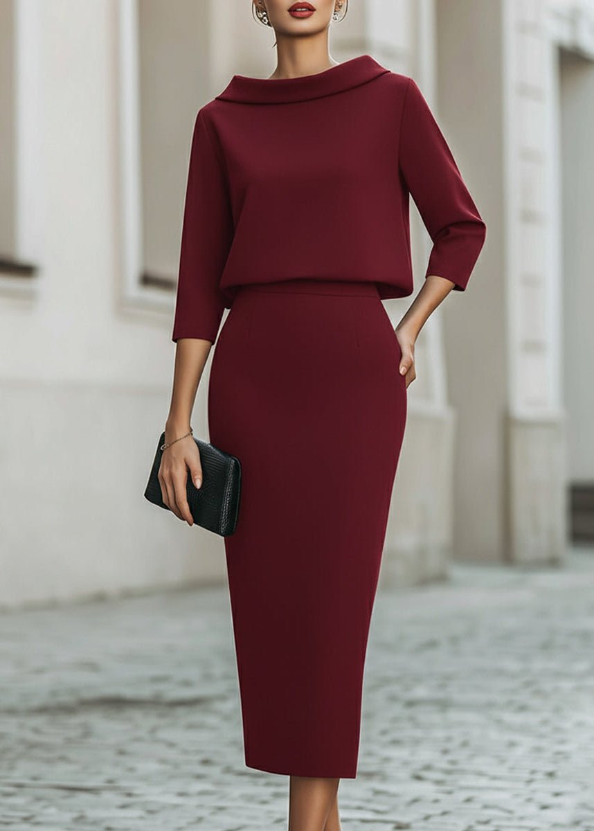 Women's Matte Crepe Boat Neckline Midi Skirt Outfit Set