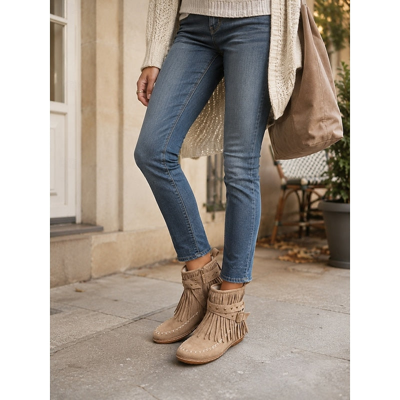 Women's Western Inspired Moccasin Style Ankle Boots with Fringe