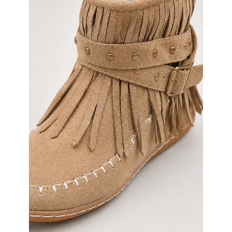 Women's Western Inspired Moccasin Style Ankle Boots with Fringe