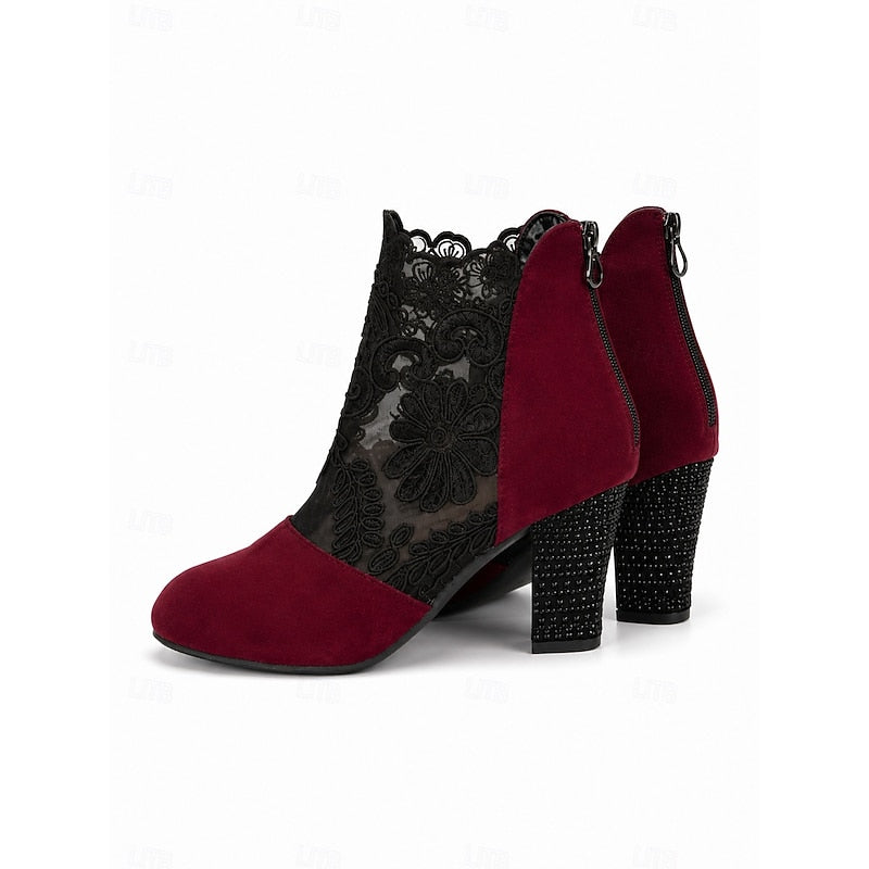 Women's Lace Overlay Heeled Ankle Booties with Floral Detail