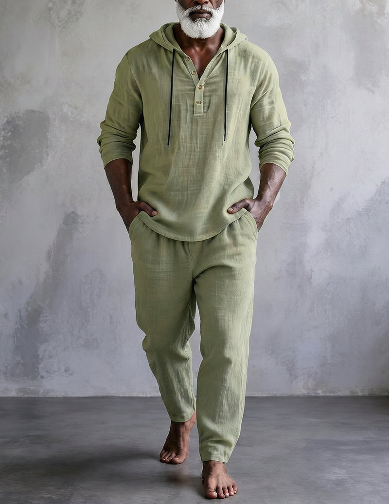 Men's Casual Travel Henley Hoodie Two Piece Lounge Set