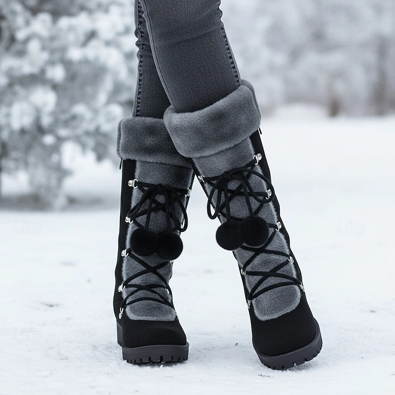 Women's Mid-Calf Winter Boots with Fur Collar and Laces
