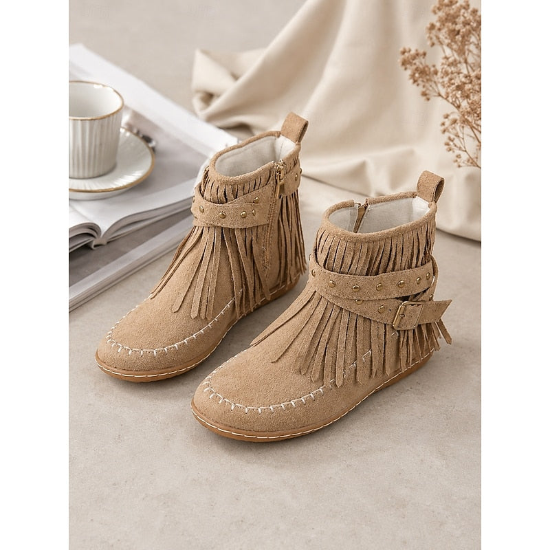 Women's Western Inspired Moccasin Style Ankle Boots with Fringe
