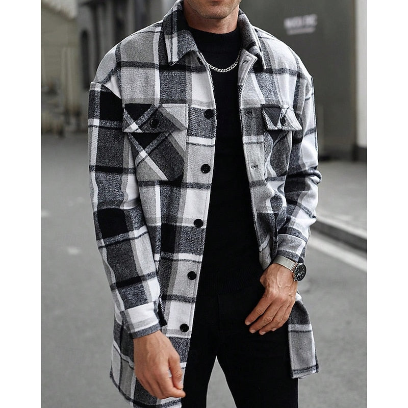 Men's Button-Front Checked Shirt Jacket with Pockets