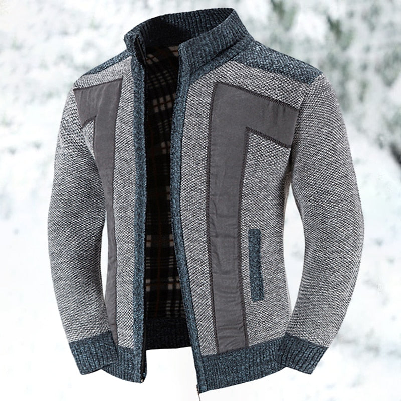 Men's Pocketed Zip-Up Lined Blocked Knit Cardigan Coat