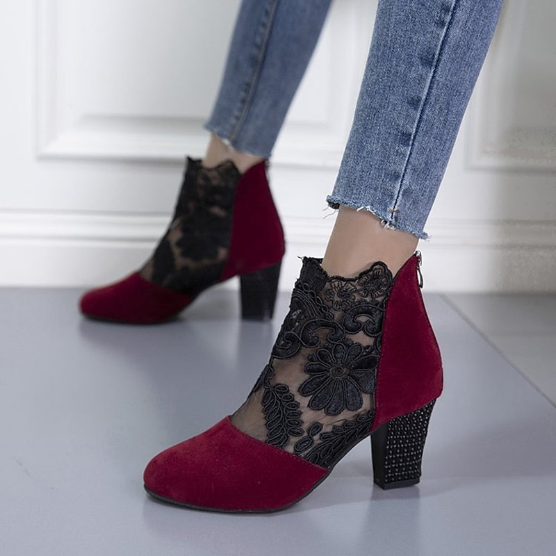 Women's Lace Overlay Heeled Ankle Booties with Floral Detail