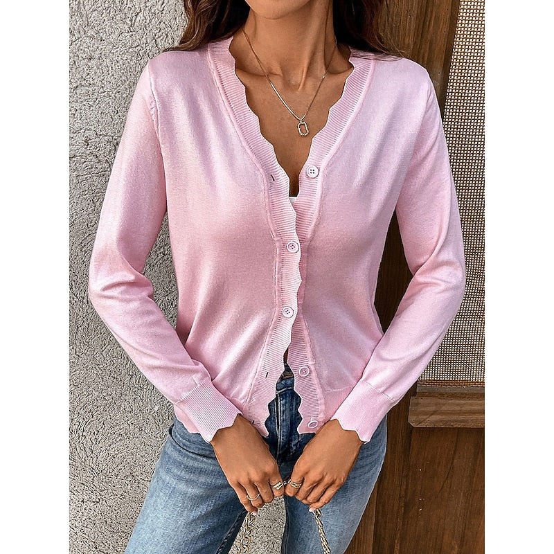 Women's Light Knit Scallop Edge Front-Button Cardigan Sweater