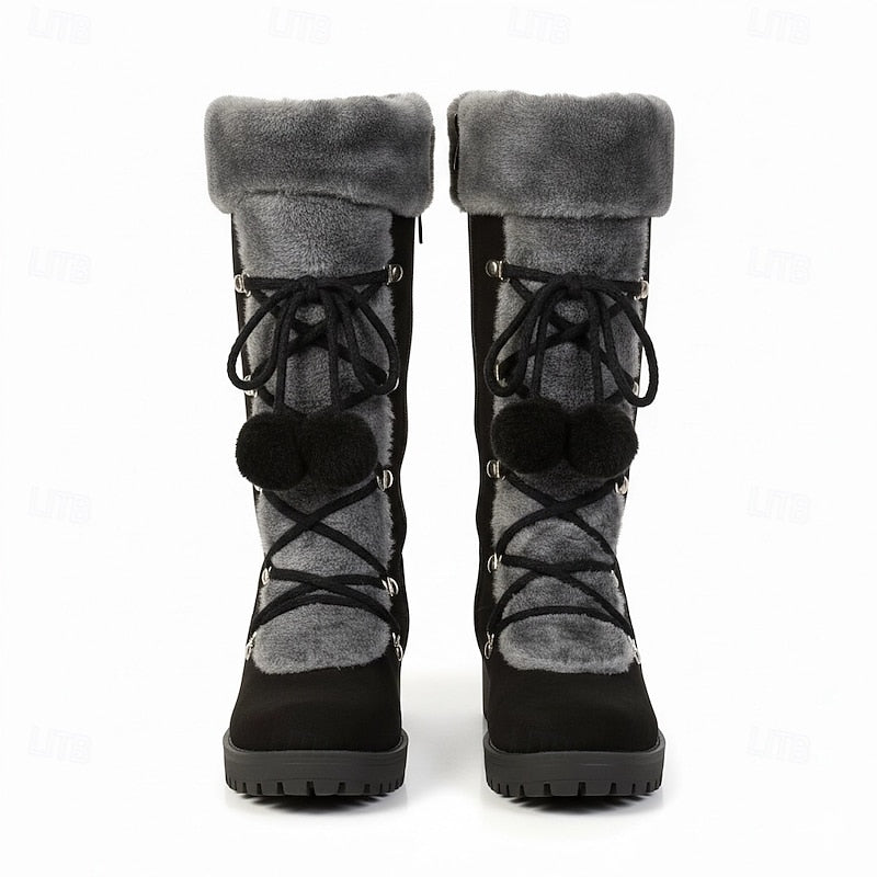Women's Mid-Calf Winter Boots with Fur Collar and Laces