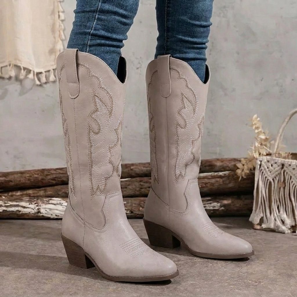 Women's Western Style Heeled Boots with Embroidery