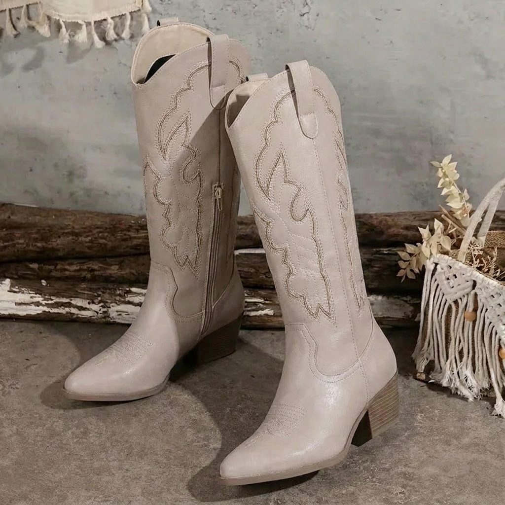 Women's Western Style Heeled Boots with Embroidery