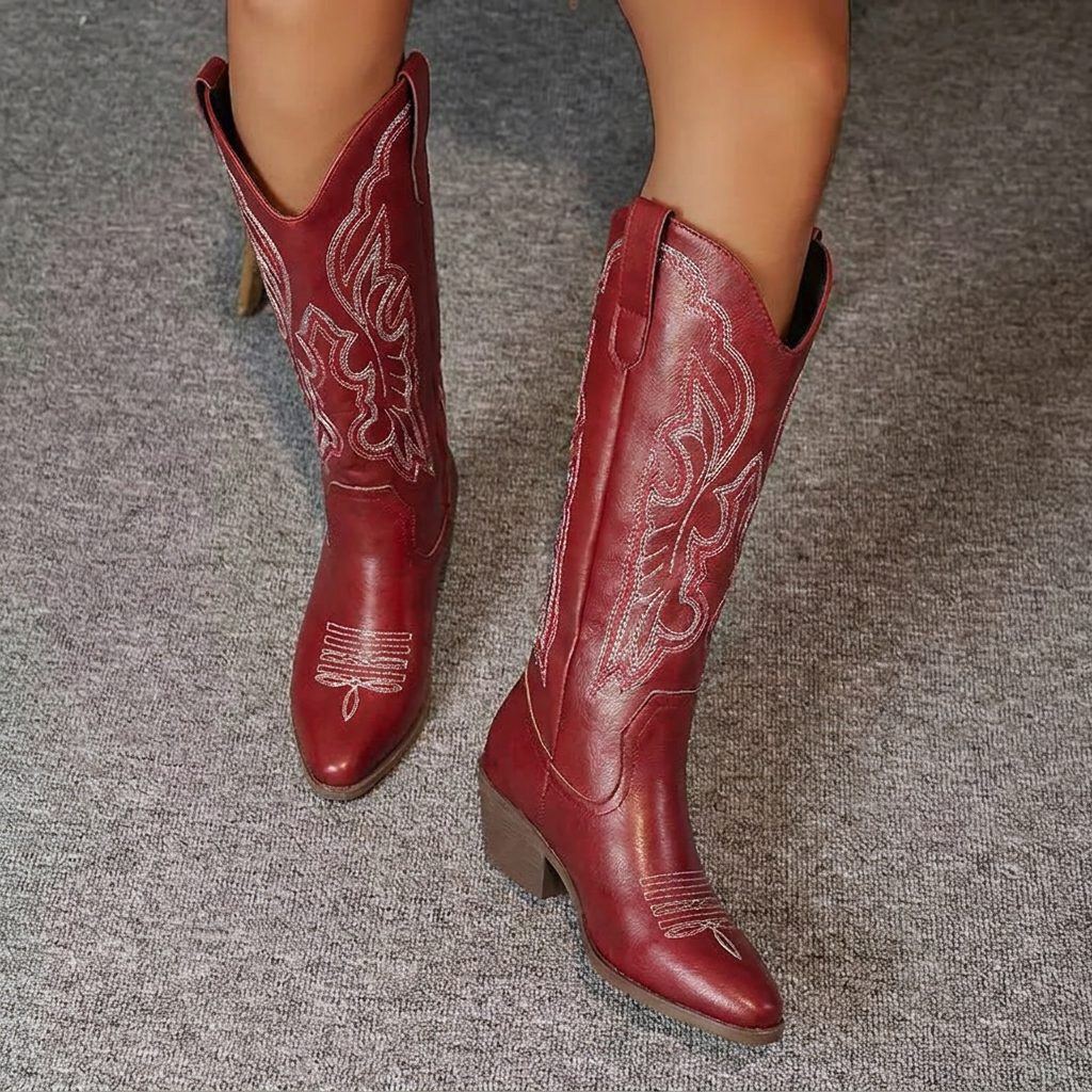 Women's Western Style Heeled Boots with Embroidery