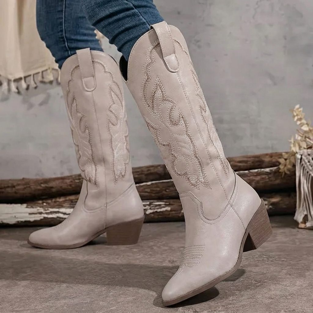 Women's Western Style Heeled Boots with Embroidery