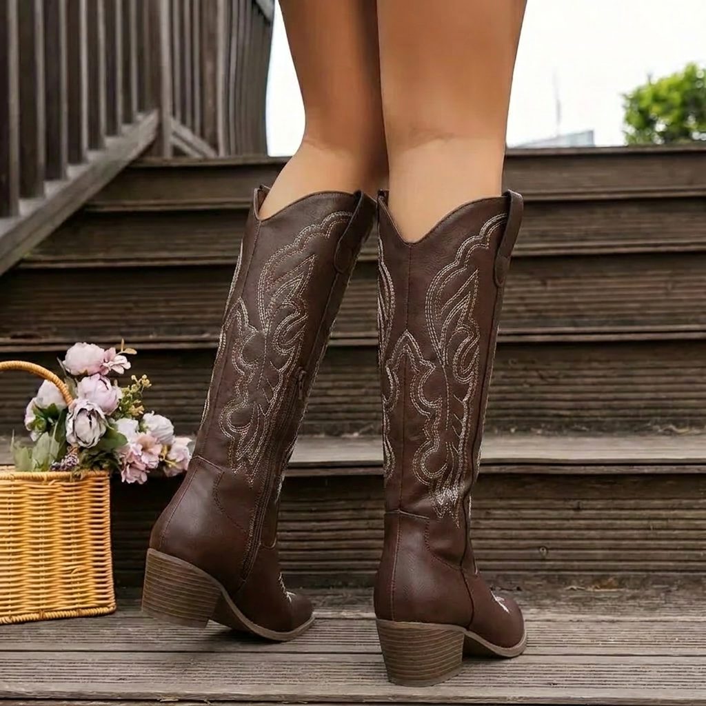 Women's Western Style Heeled Boots with Embroidery