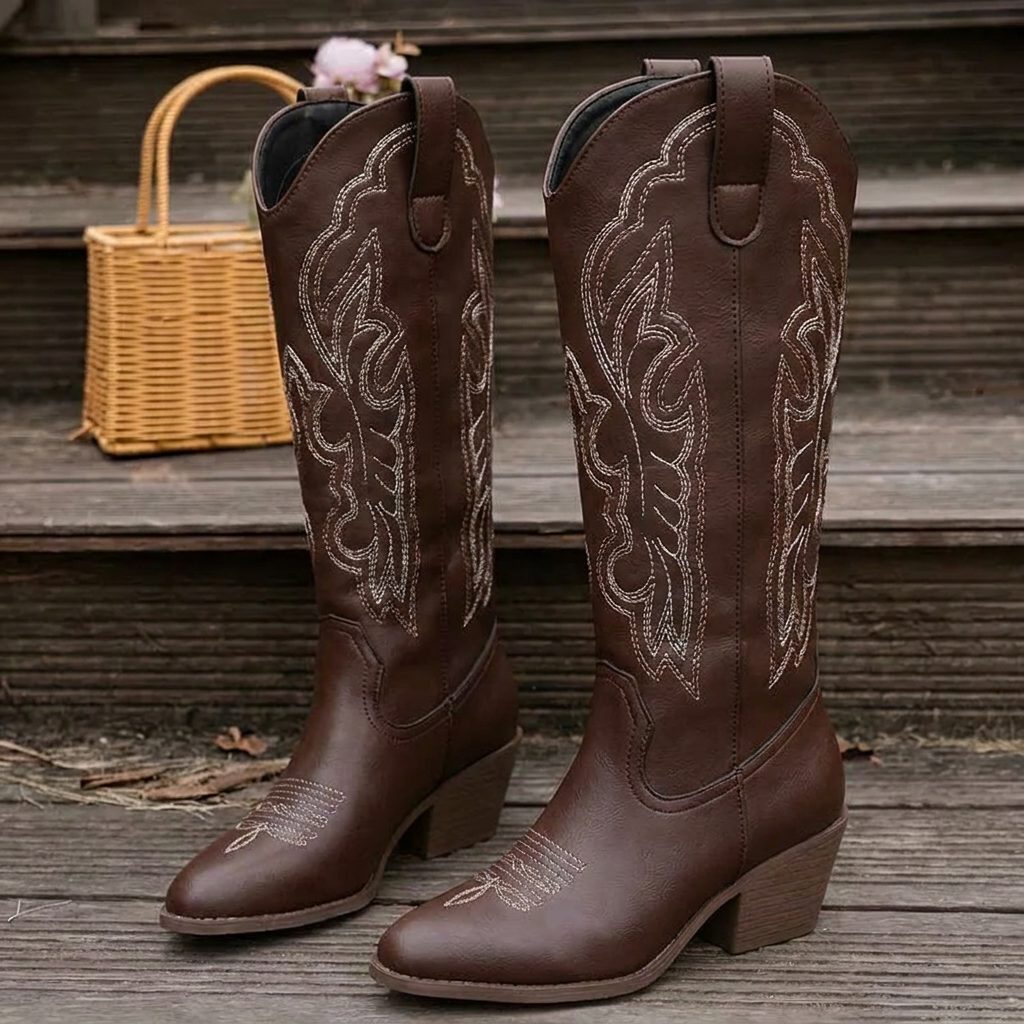 Women's Western Style Heeled Boots with Embroidery