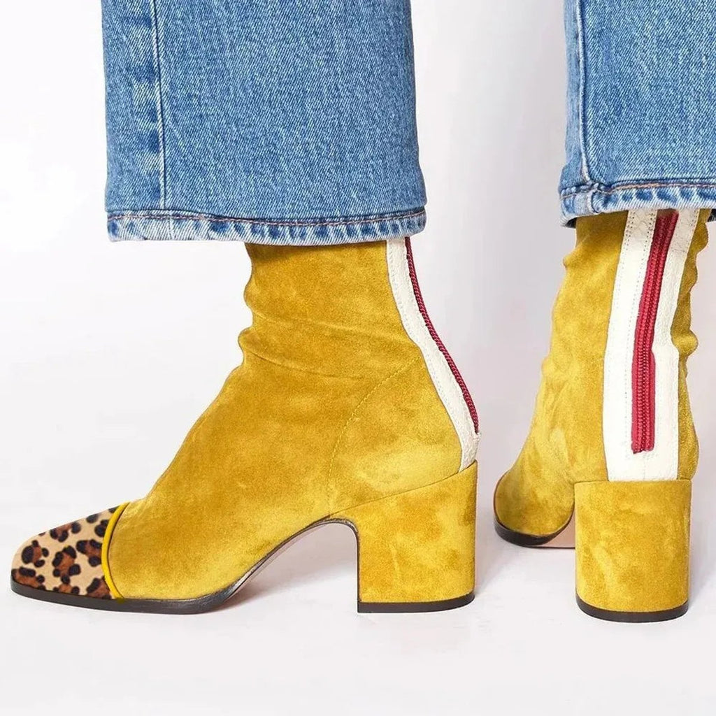 Women's Leopard Print Toe Block-Heel Suede Short Boots