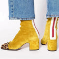 Women's Leopard Print Toe Block-Heel Suede Short Boots