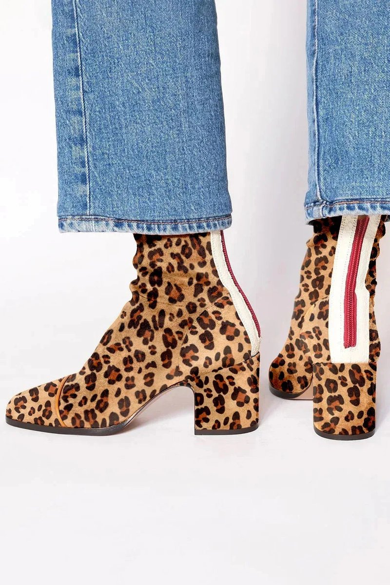 Women's Leopard Print Toe Block-Heel Suede Short Boots