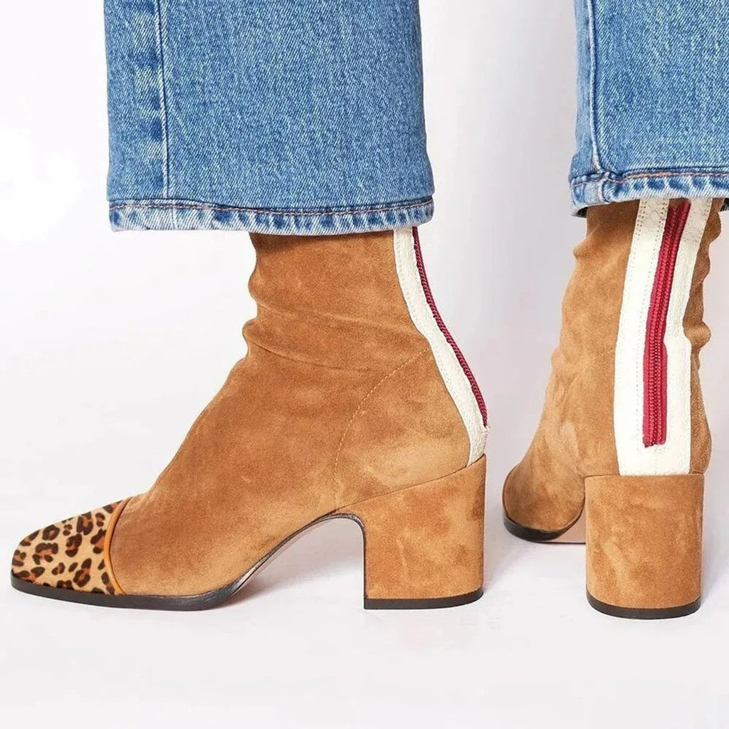 Women's Leopard Print Toe Block-Heel Suede Short Boots
