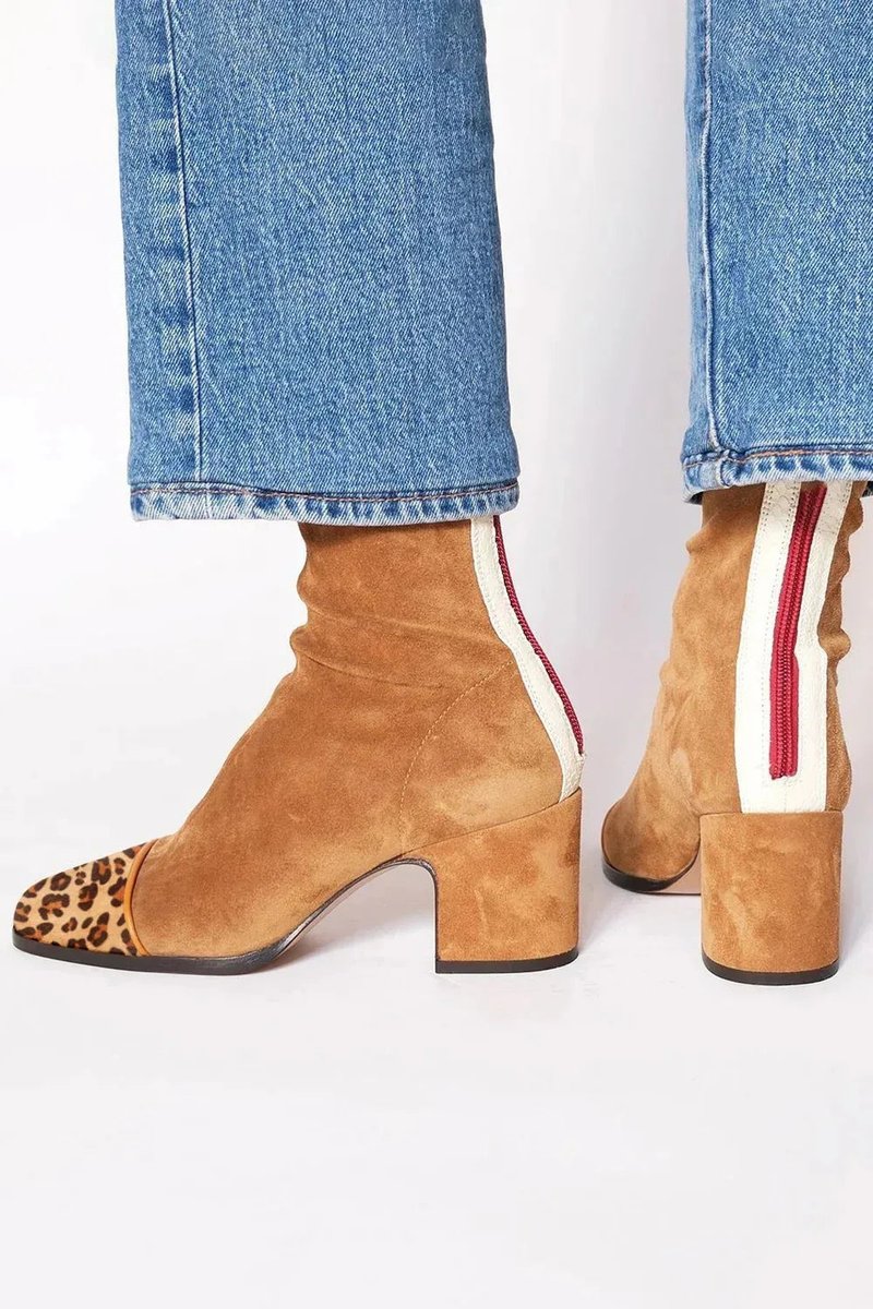 Women's Leopard Print Toe Block-Heel Suede Short Boots