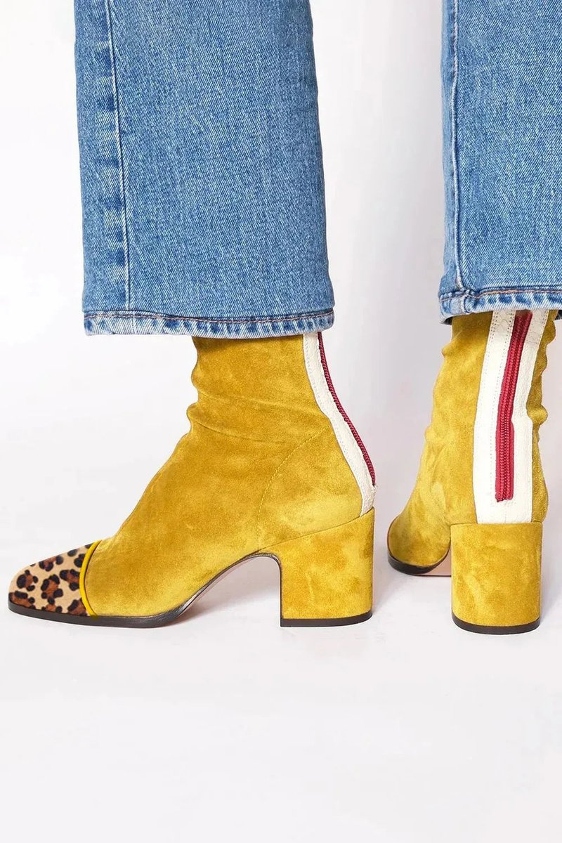 Women's Leopard Print Toe Block-Heel Suede Short Boots