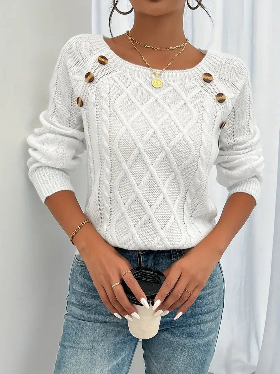 Women's Button-Trimmed Diamond Cable Knit Sweater