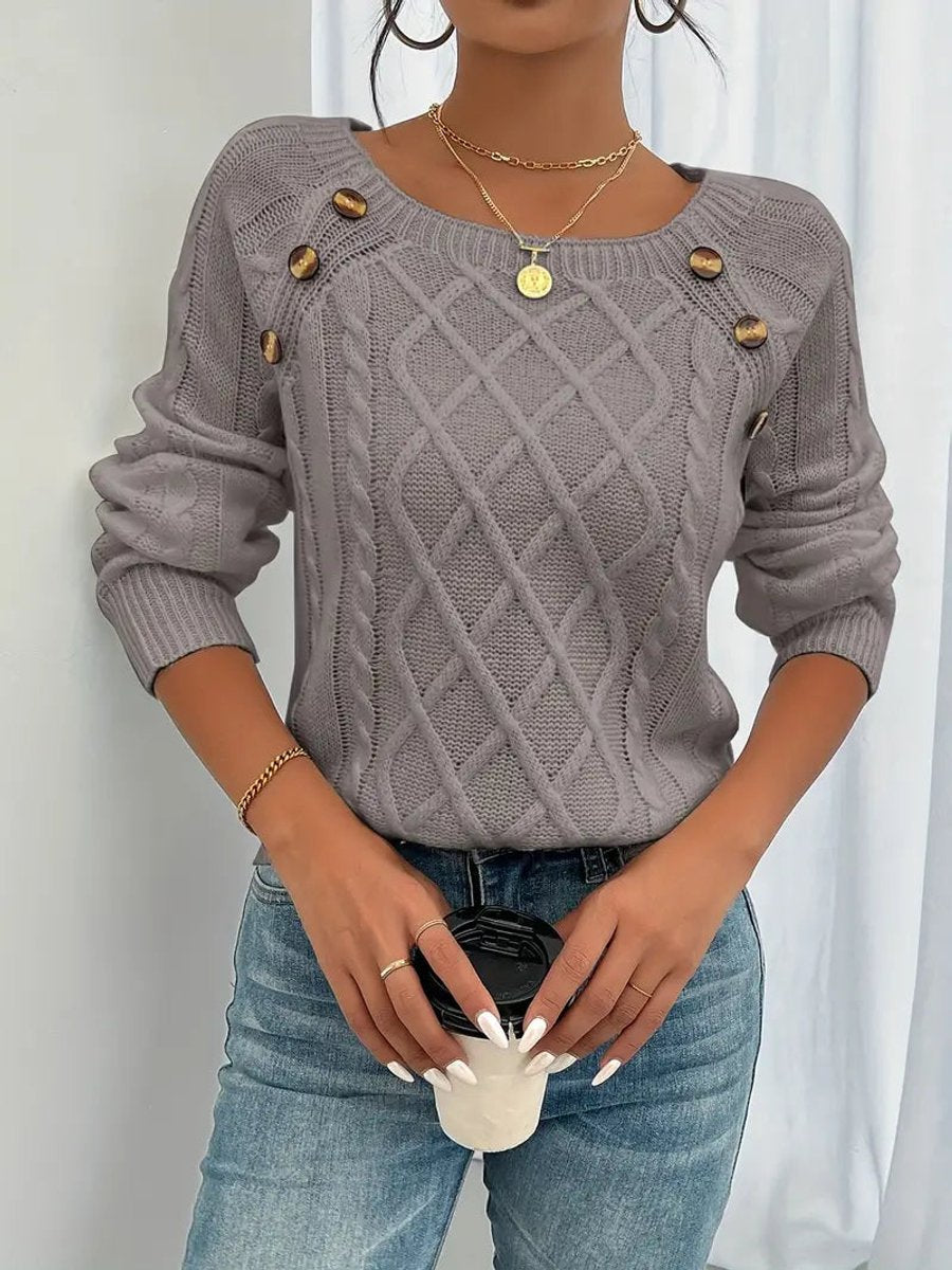 Women's Button-Trimmed Diamond Cable Knit Sweater