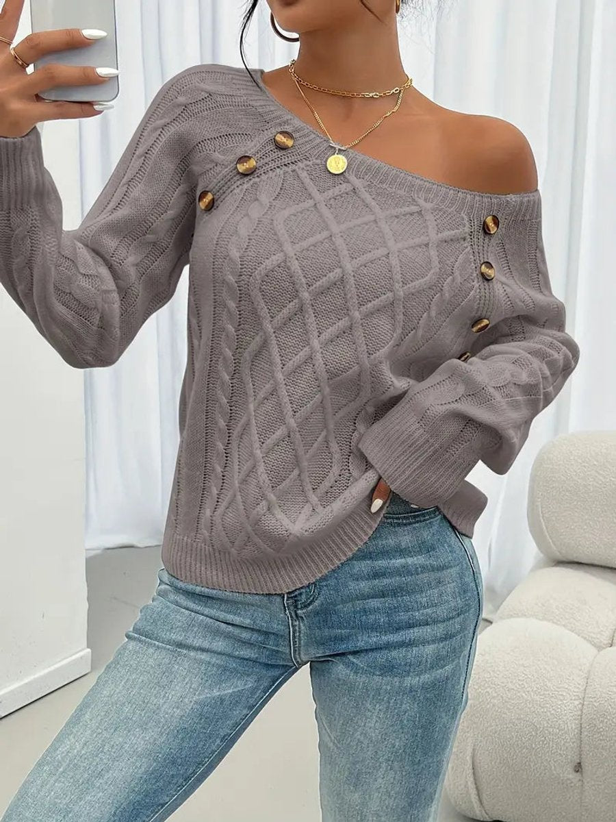 Women's Button-Trimmed Diamond Cable Knit Sweater
