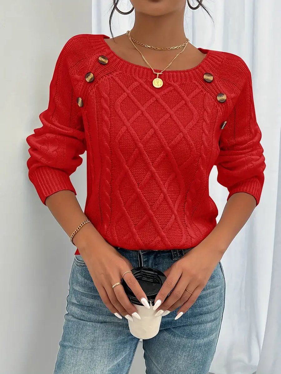 Women's Button-Trimmed Diamond Cable Knit Sweater