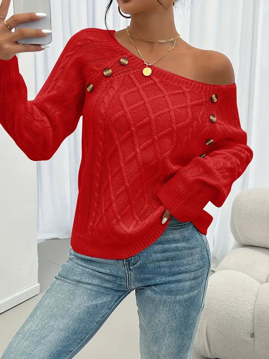 Women's Button-Trimmed Diamond Cable Knit Sweater