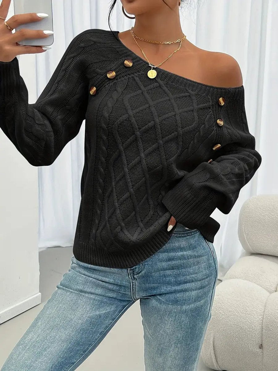 Women's Button-Trimmed Diamond Cable Knit Sweater