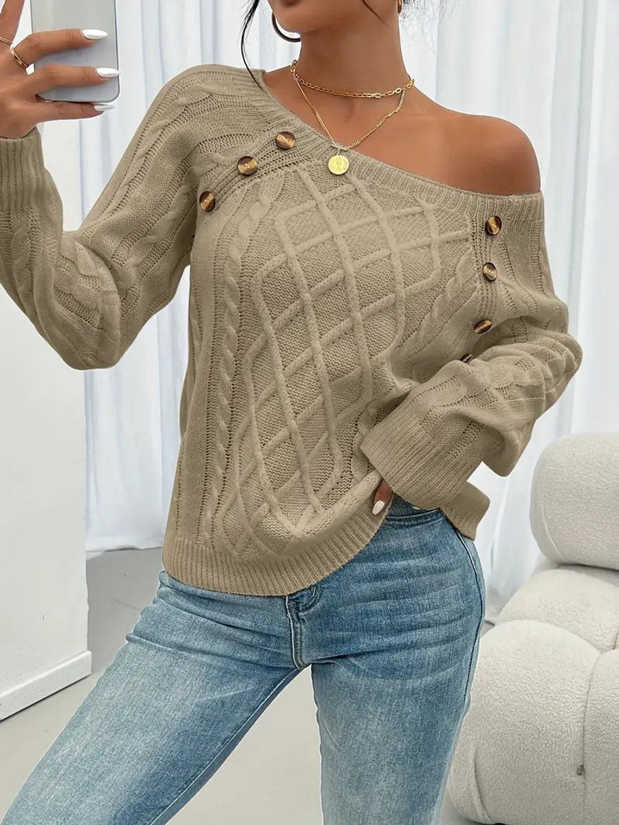 Women's Button-Trimmed Diamond Cable Knit Sweater