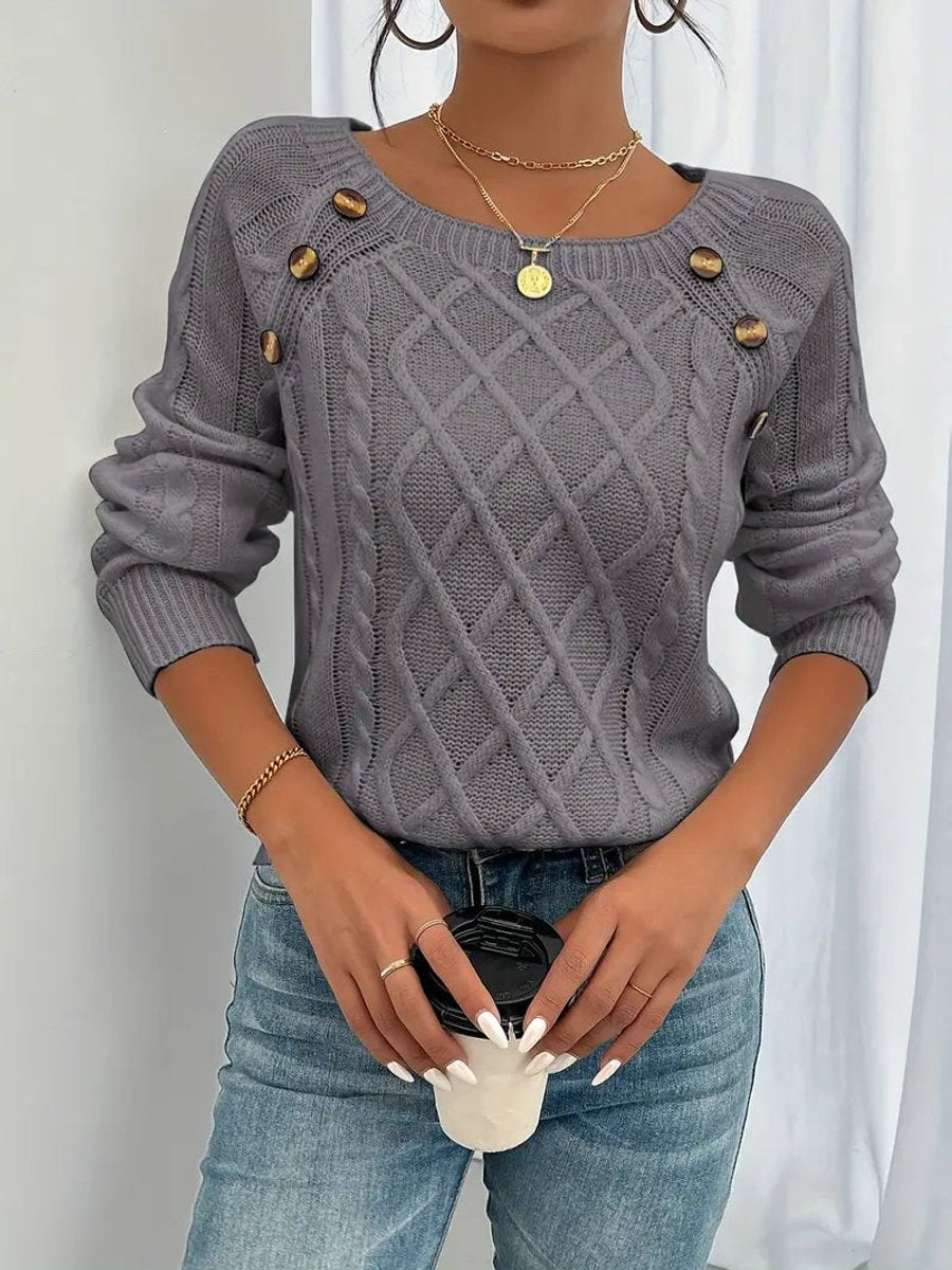 Women's Button-Trimmed Diamond Cable Knit Sweater