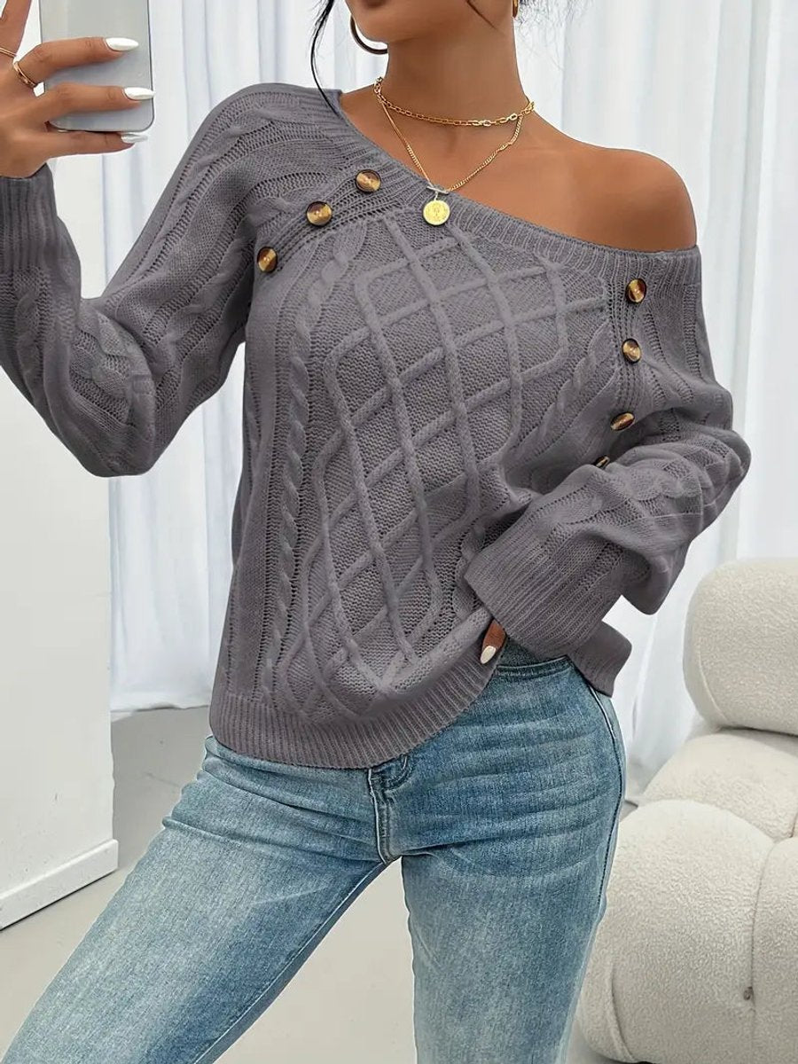 Women's Button-Trimmed Diamond Cable Knit Sweater