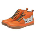 Women's Cat Print Leather High Top Lace Short Boots