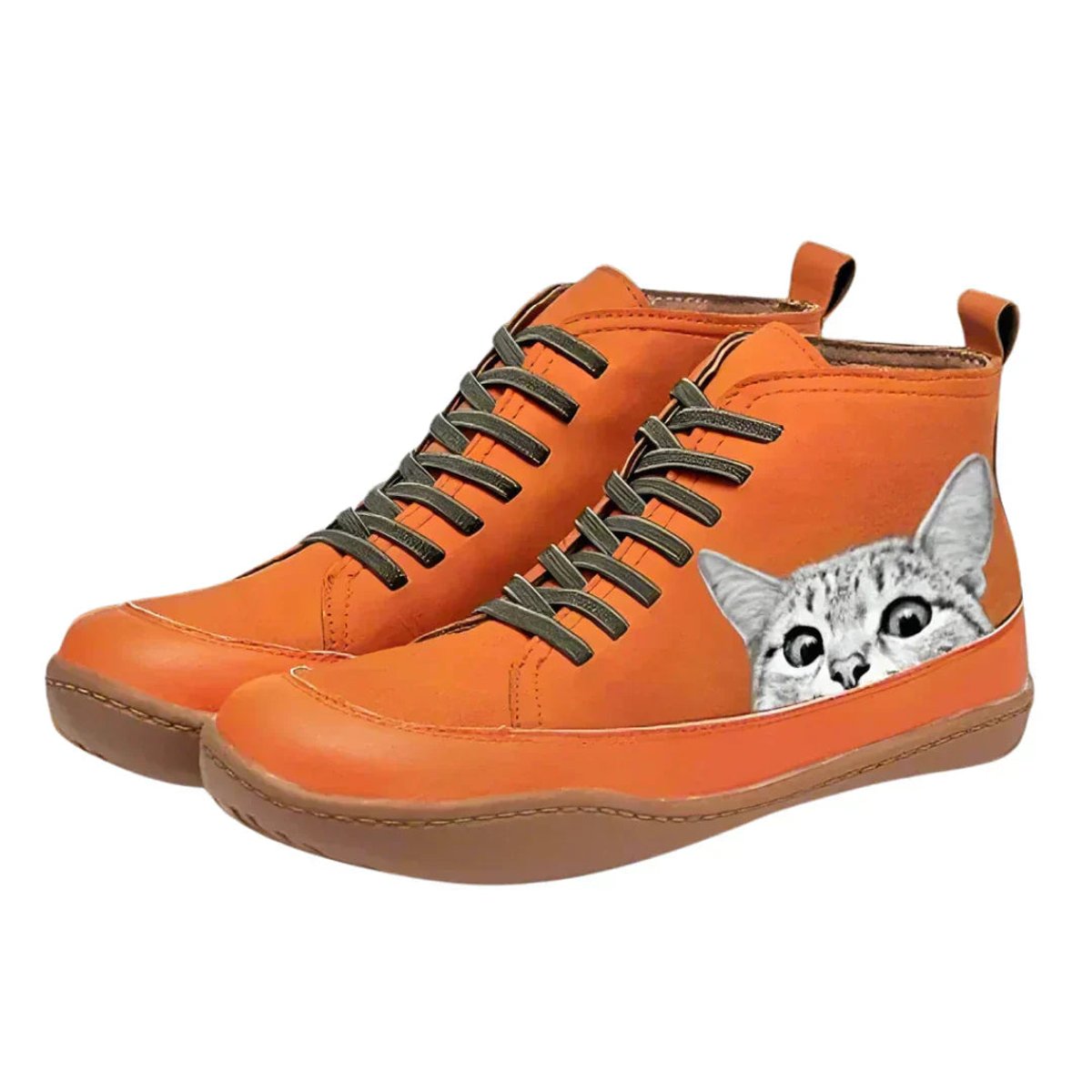Women's Cat Print Leather High Top Lace Short Boots