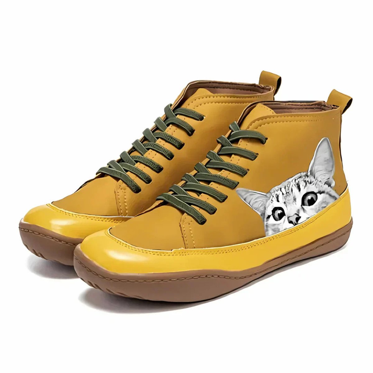 Women's Cat Print Leather High Top Lace Short Boots