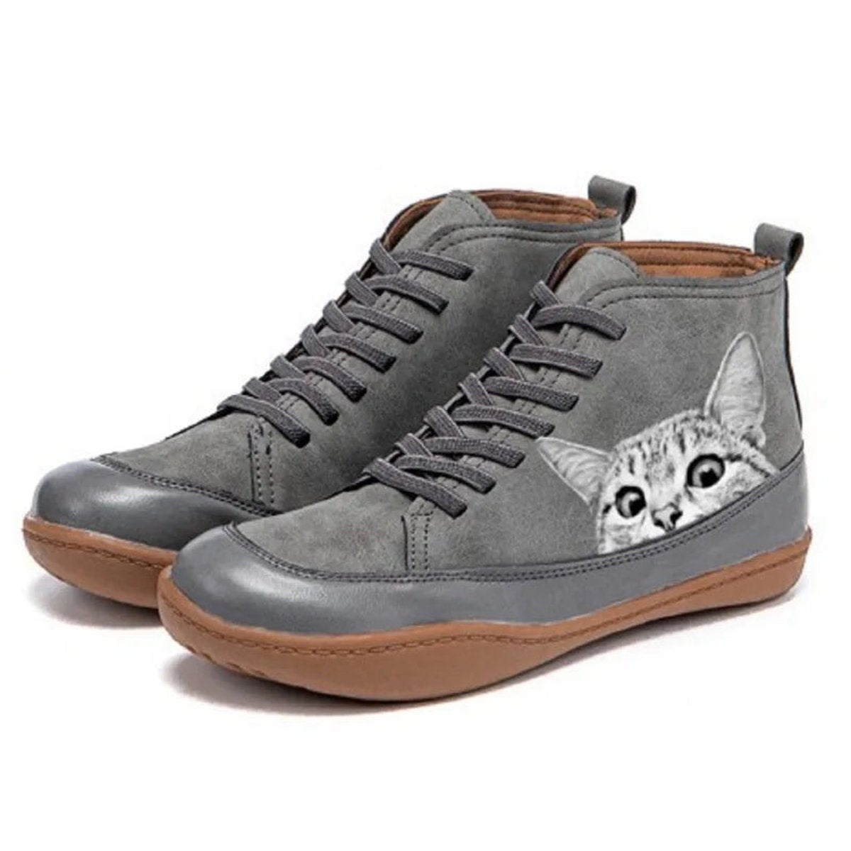 Women's Cat Print Leather High Top Lace Short Boots