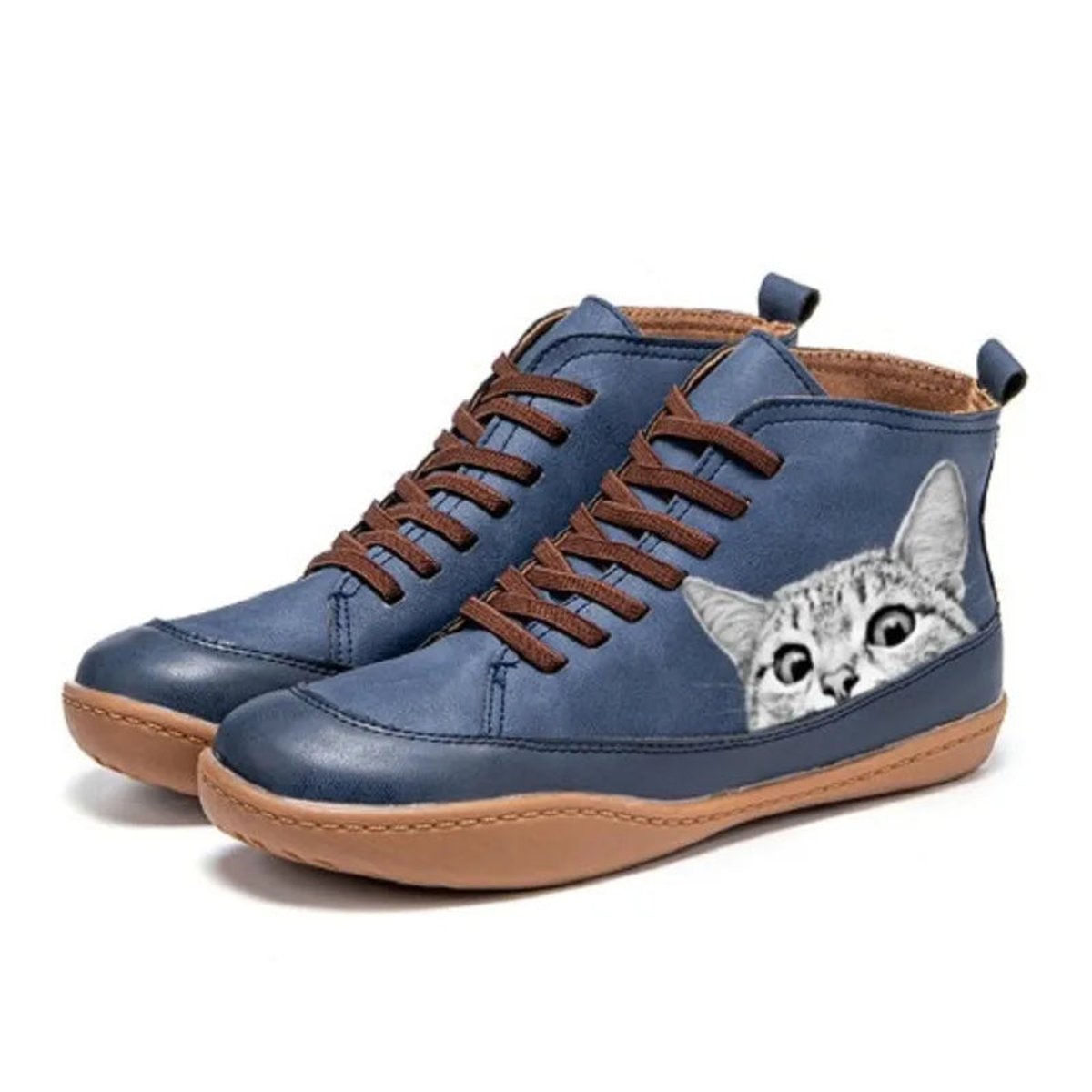 Women's Cat Print Leather High Top Lace Short Boots