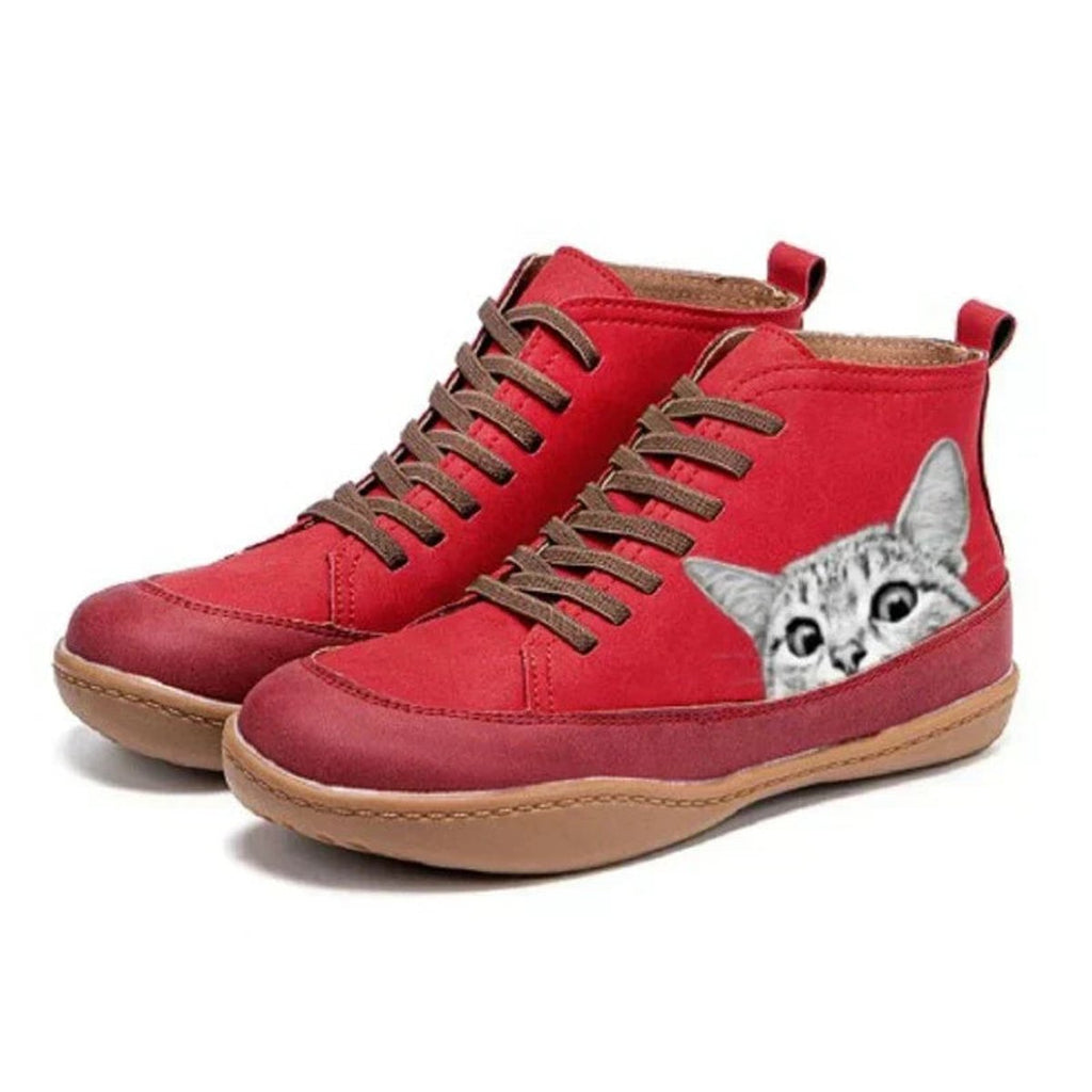 Women's Cat Print Leather High Top Lace Short Boots