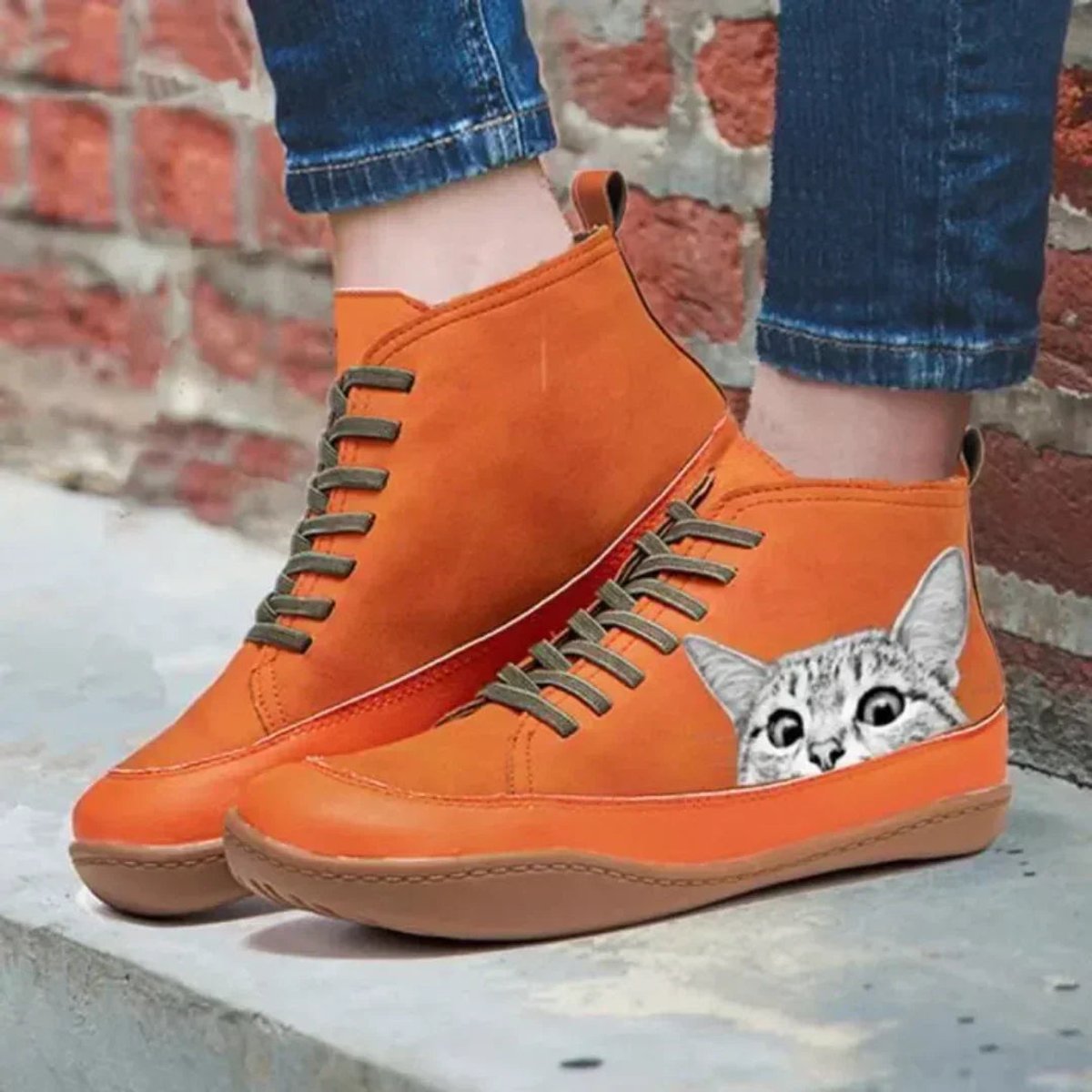 Women's Cat Print Leather High Top Lace Short Boots