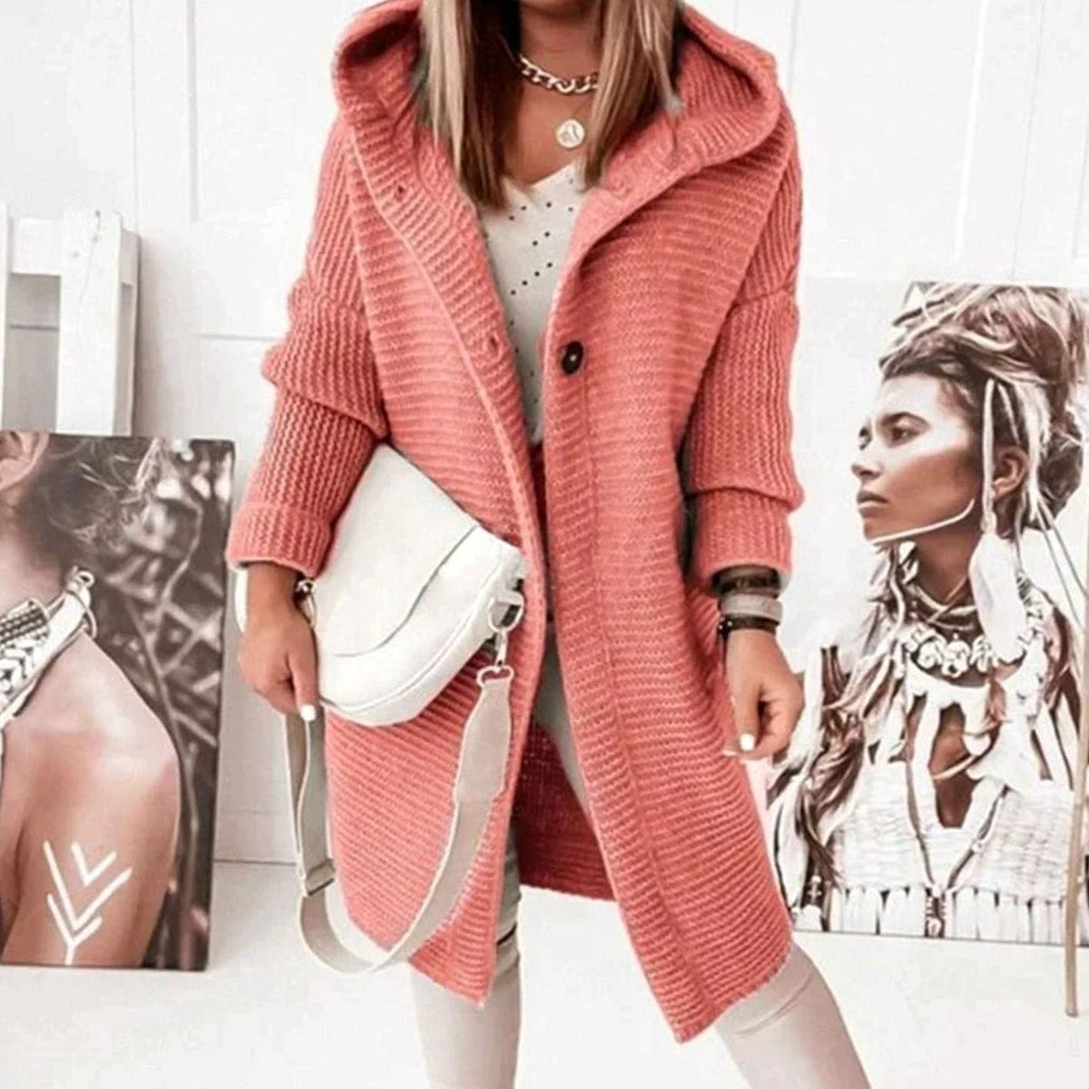 Women's Toggle Closure Mid-Thigh Hooded Knit Cardigan